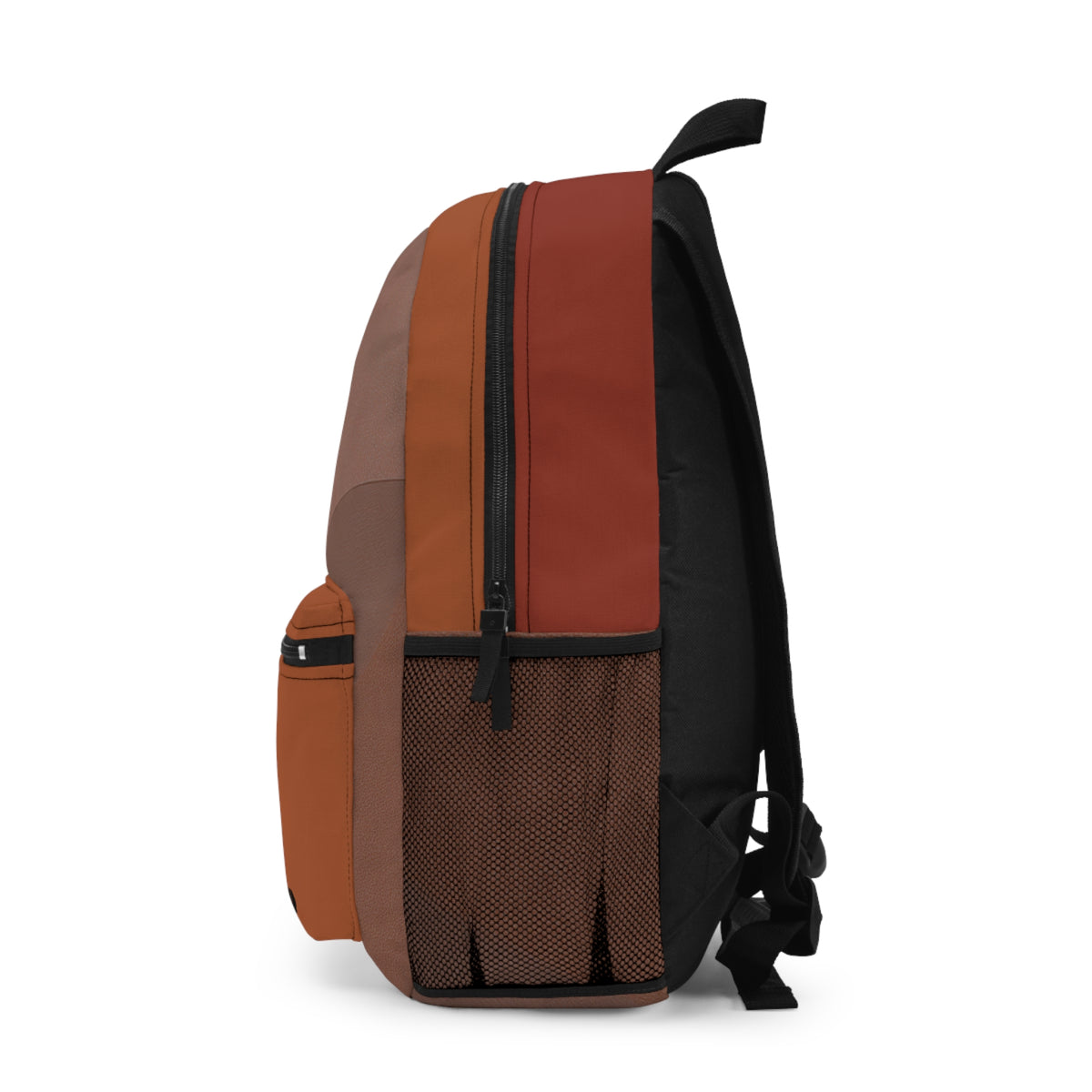 A color-blocked backpack shown from the side profile on a white background. The backpack features panels of rust orange, brown, and black, with a mesh pocket.