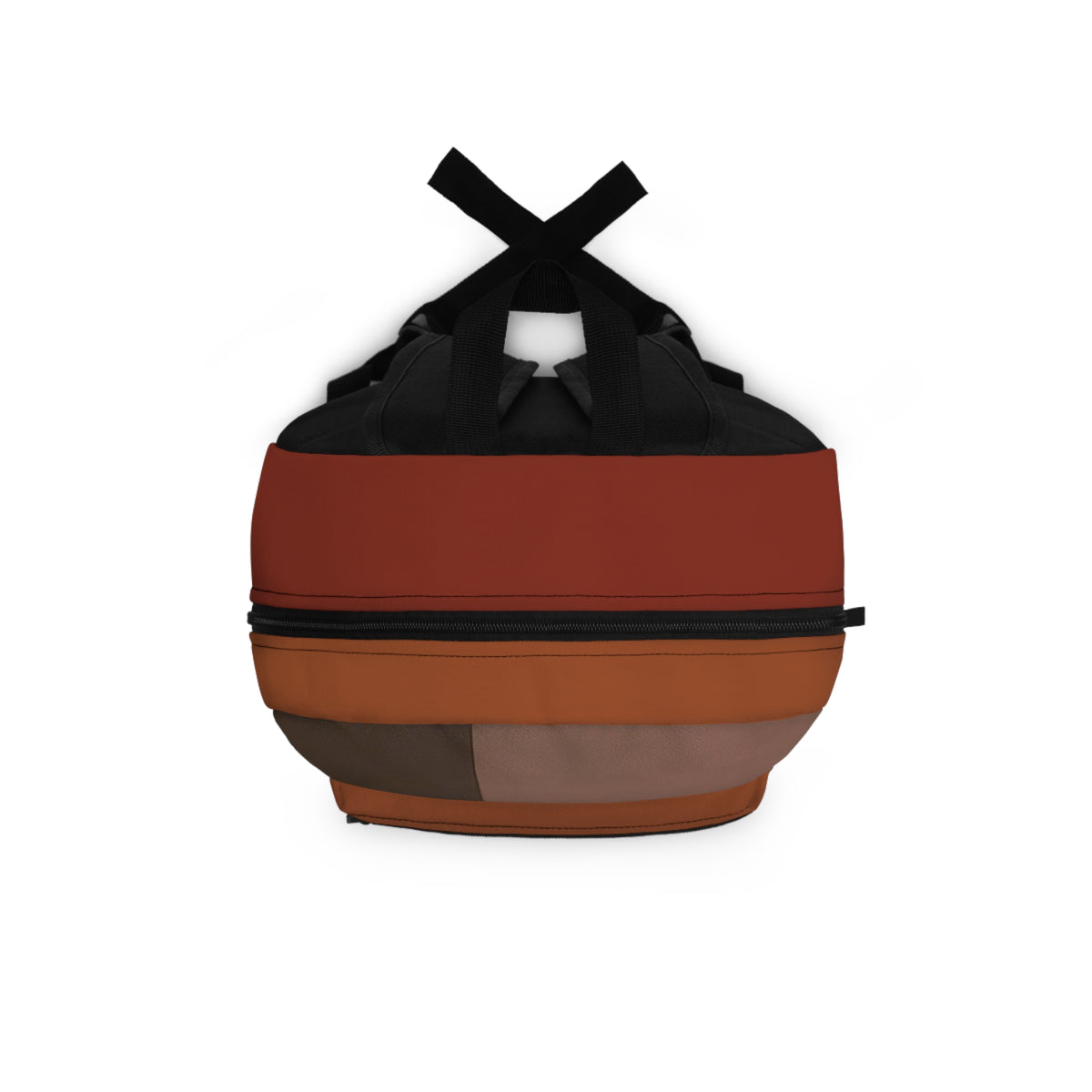 Top view of a structured tbackpack with a panel design in terracotta red, orange, brown, and taupe, featuring black shoulder straps and a black horizontal zipper.