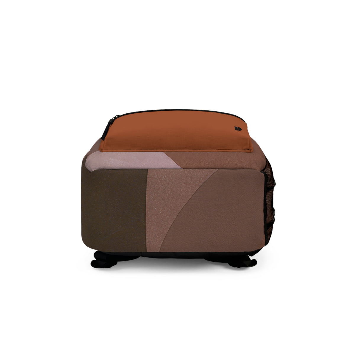 Bottom view of a color-blocked backpack in brown, taupe, and rust orange, shown from the back against a plain white background.