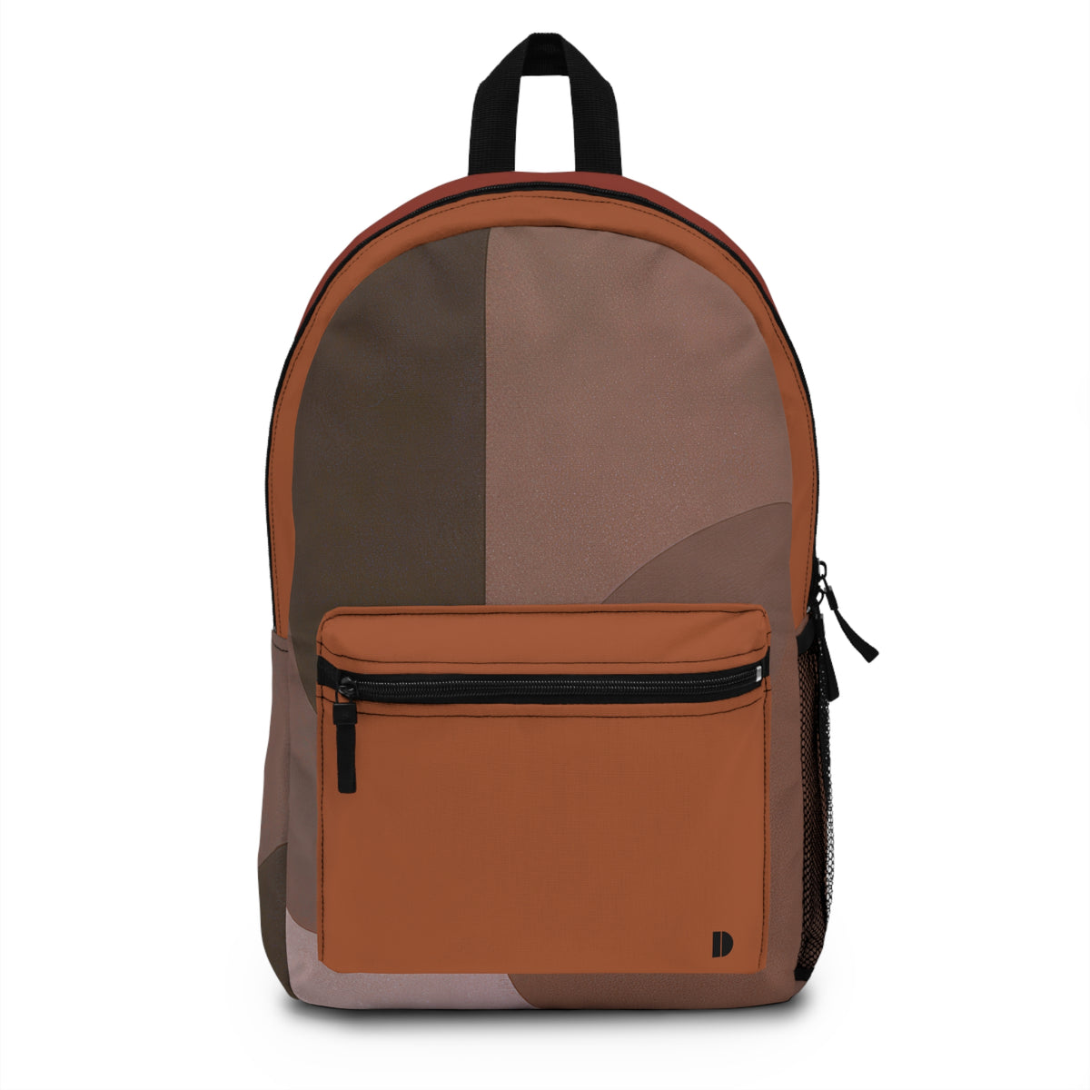 A color-blocked backpack in shades of terracotta, brown, and taupe, featuring a front zippered pocket and black accents, shown against a plain white background.