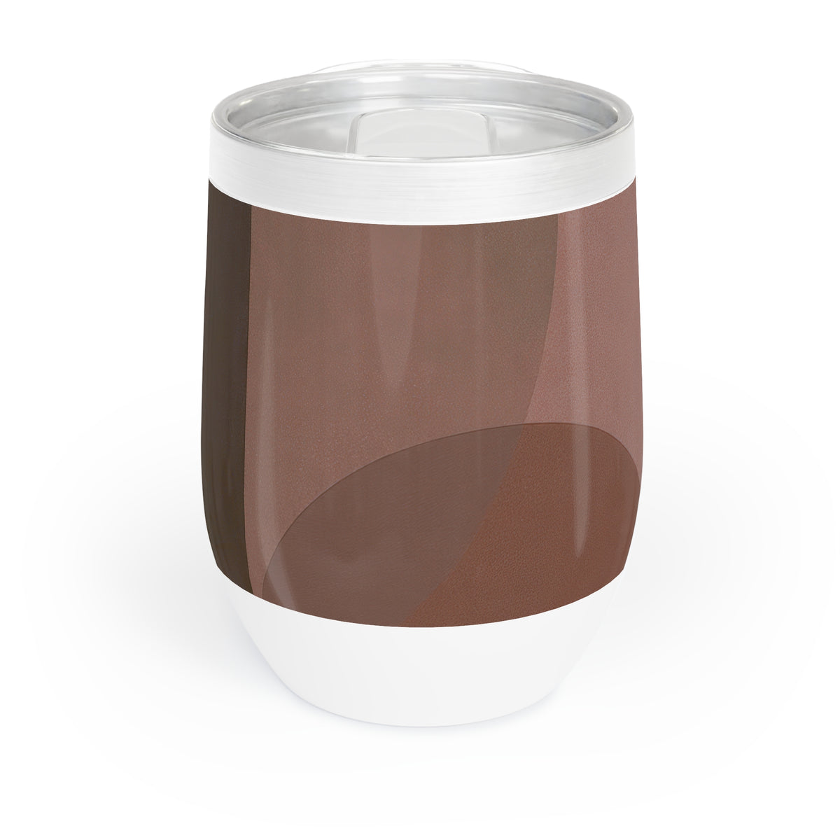 A stainless steel can-shaped tumbler with a clear lid, featuring a brown and dark brown abstract curved pattern on the body, set against a plain white background.