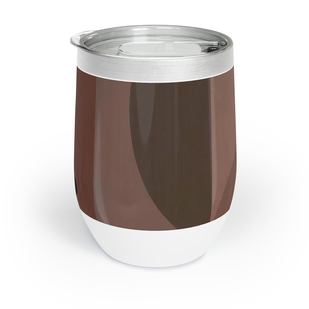 A 12 oz insulated stainless steel wine tumbler with a clear lid, featuring a brown and dark brown wavy pattern on the body with a white base.