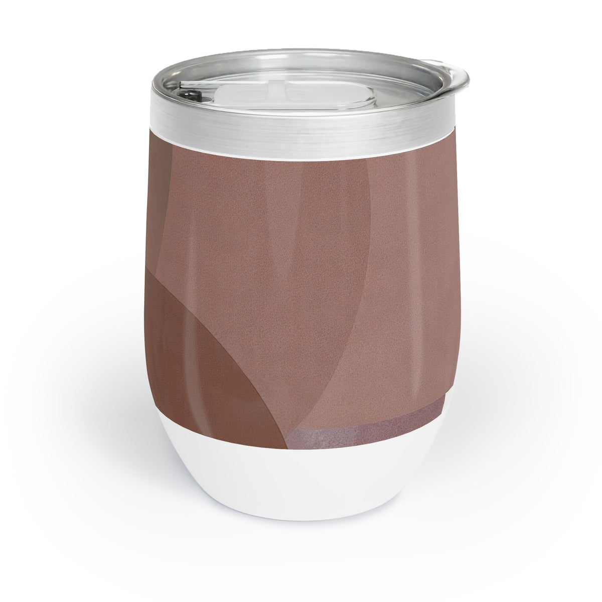 A 12 oz insulated stainless steel wine tumbler with a clear lid, featuring a brown and white abstract geometric pattern on the body.