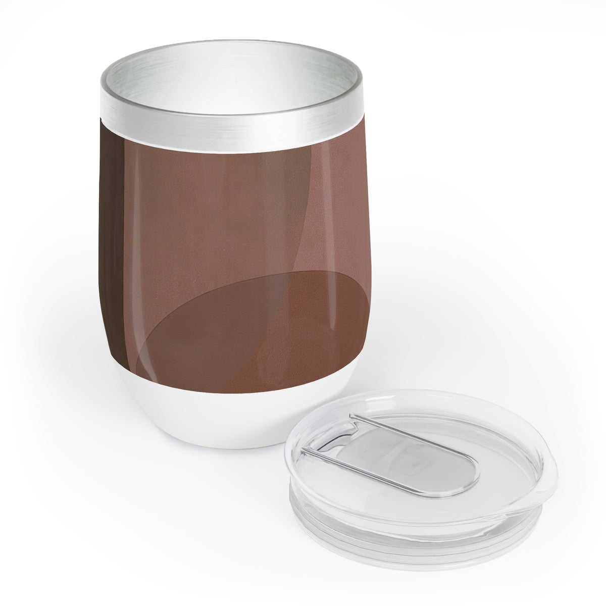 A stainless steel insulated tumbler with a brown printed wrap design and a clear plastic lid, shown on a white background.