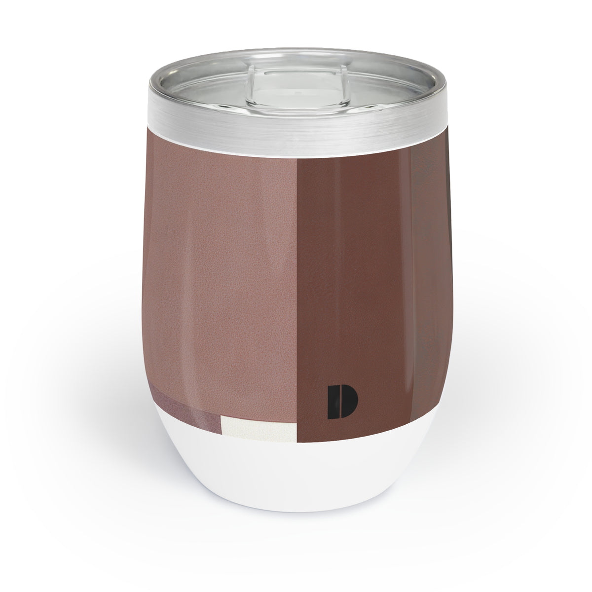 A 12 oz insulated stainless steel tumbler with a clear lid, featuring a color-blocked design in shades of brown and white with a small black monogram logo near the bottom.