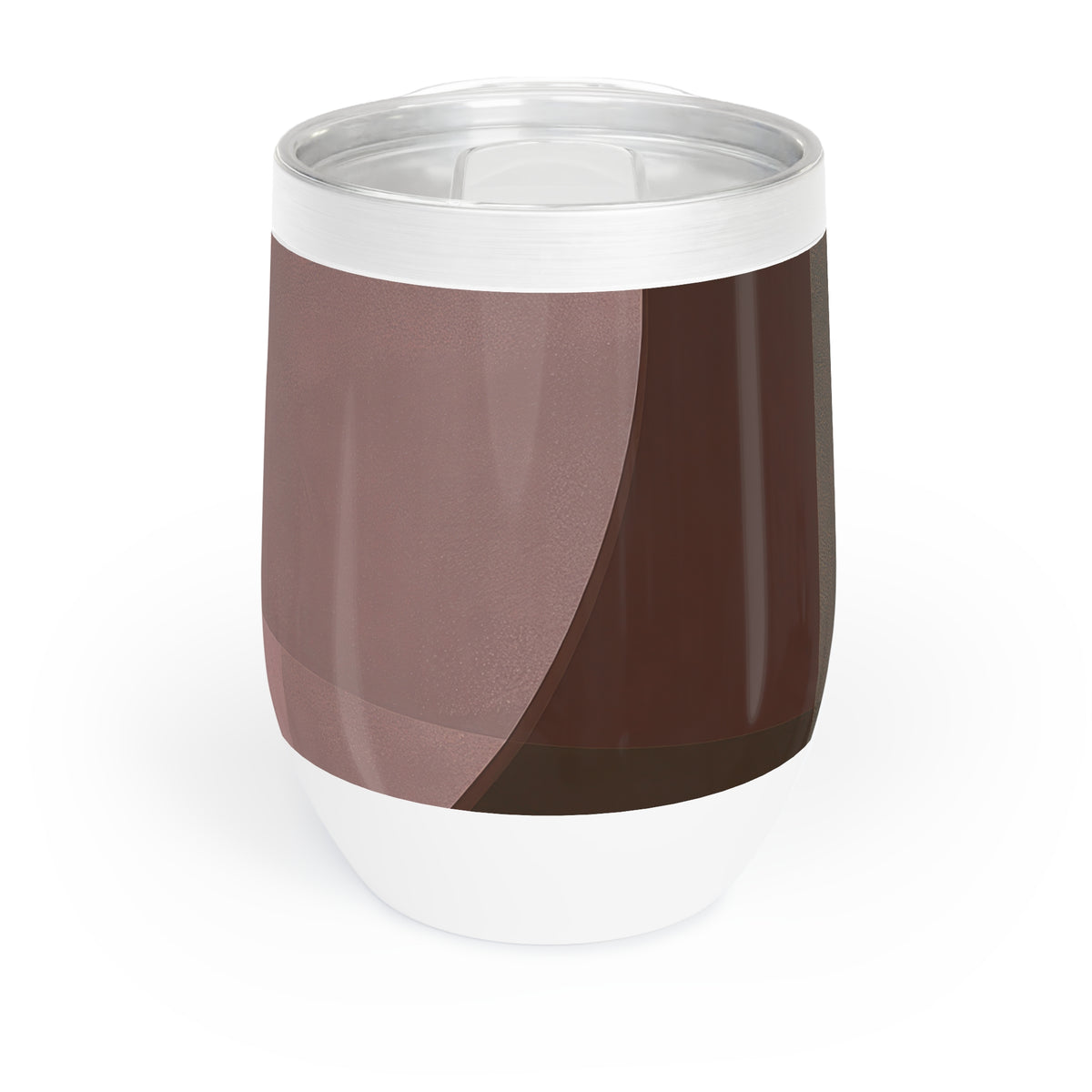 A stainless steel can-shaped tumbler with a clear lid, featuring a brown and dusty rose abstract graphic wrap on the body, set against a plain white background.