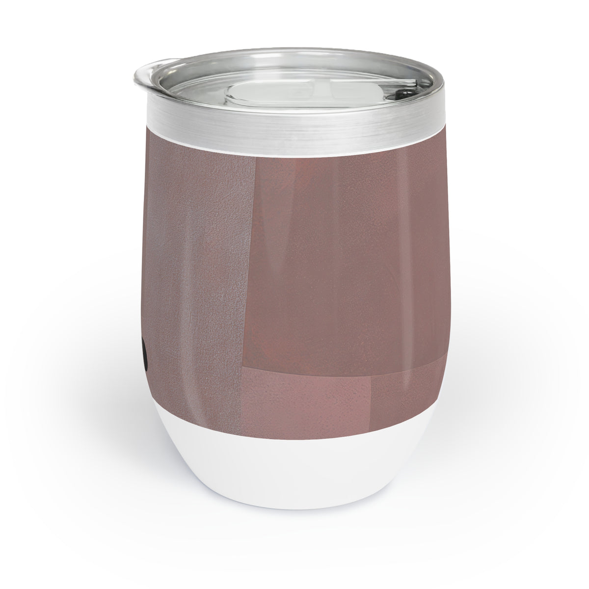A stainless steel insulated tumbler with a clear lid, featuring a dusty rose pink wrap-around design and a white base, shown on a white background.