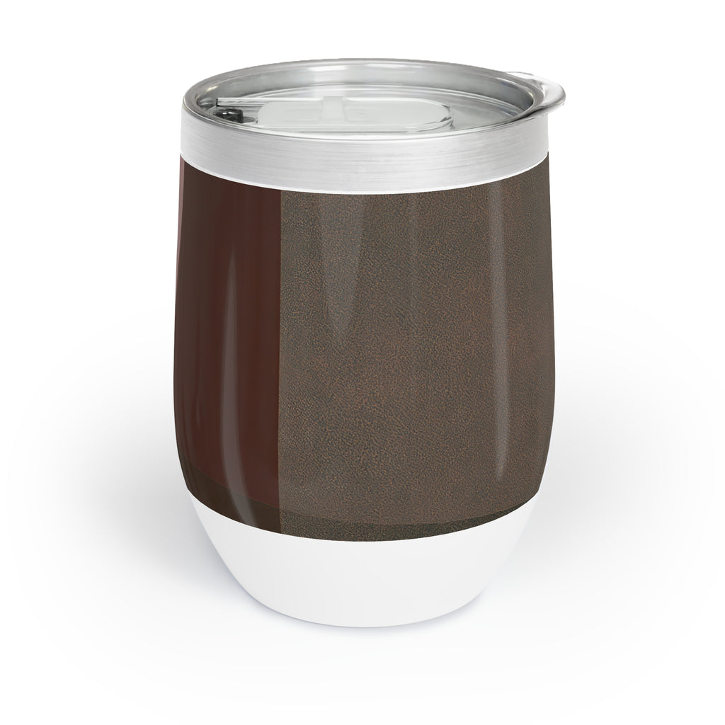 A 12 oz insulated stainless steel wine tumbler with a clear lid, featuring a dark brown textured wrap-around design and a white base, shown on a white background.