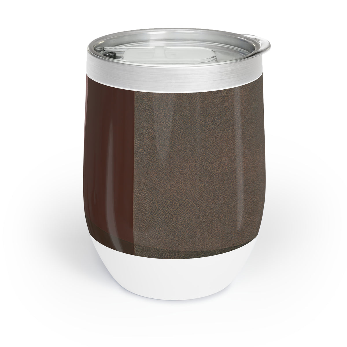 A 12 oz insulated stainless steel wine tumbler with a clear lid, featuring a dark brown textured wrap-around design and a white base, shown on a white background.