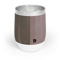 A 12 oz insulated stemless wine tumbler with a clear lid, featuring a split design of dark brown and dusty rose on the upper body, and a white base with a black monogram logo.