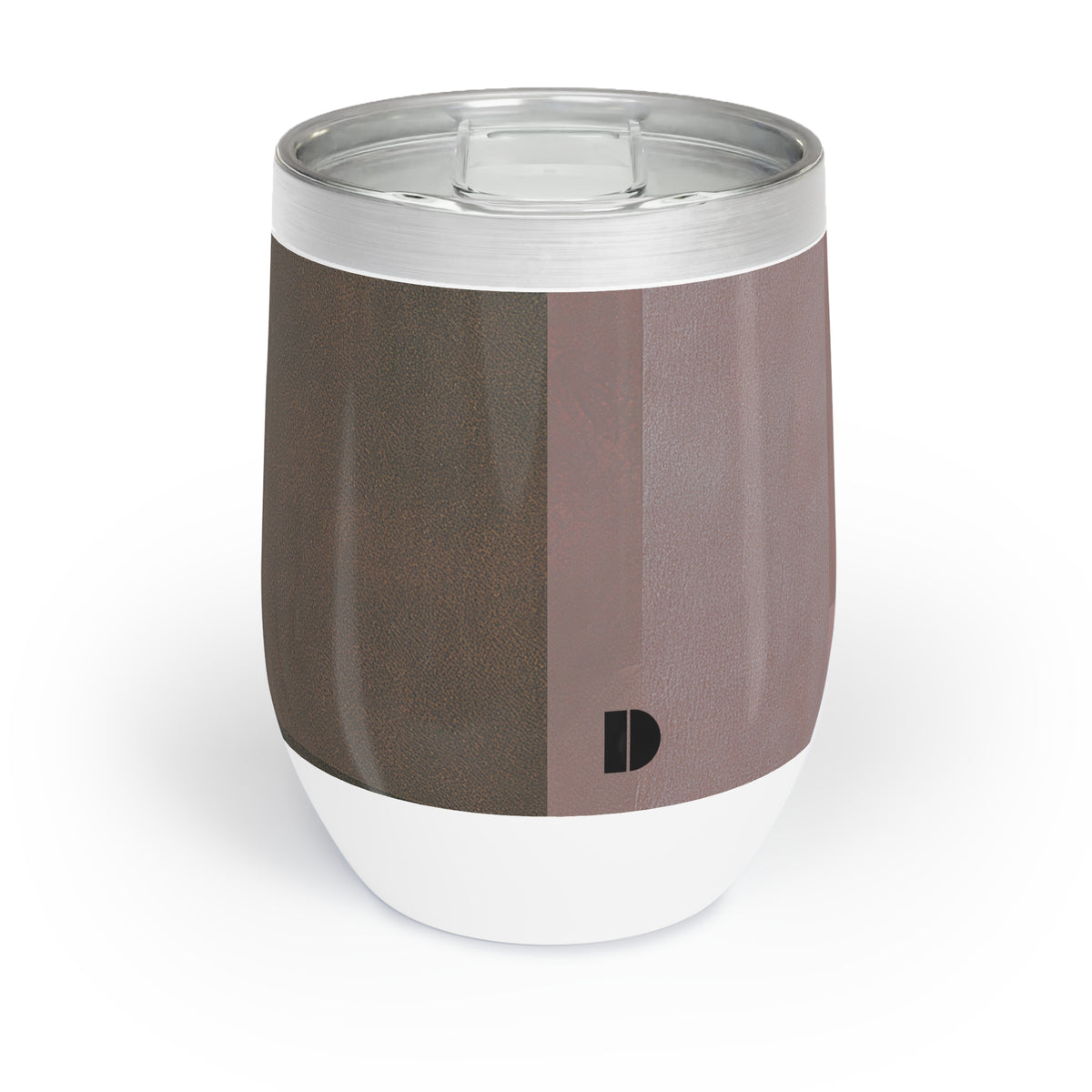 A 12 oz insulated stemless wine tumbler with a clear lid, featuring a split design of dark brown and dusty rose on the upper body, and a white base with a black monogram logo.