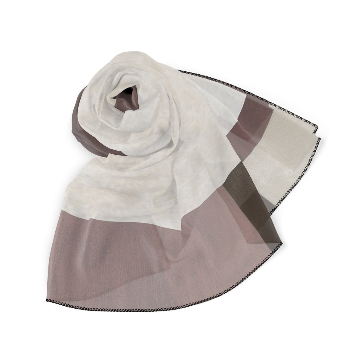 A lightweight sheer scarf draped in a loose spiral, featuring color-blocked sections of off-white, dusty mauve, and dark taupe with a thin black stitched border, set against a plain white background.