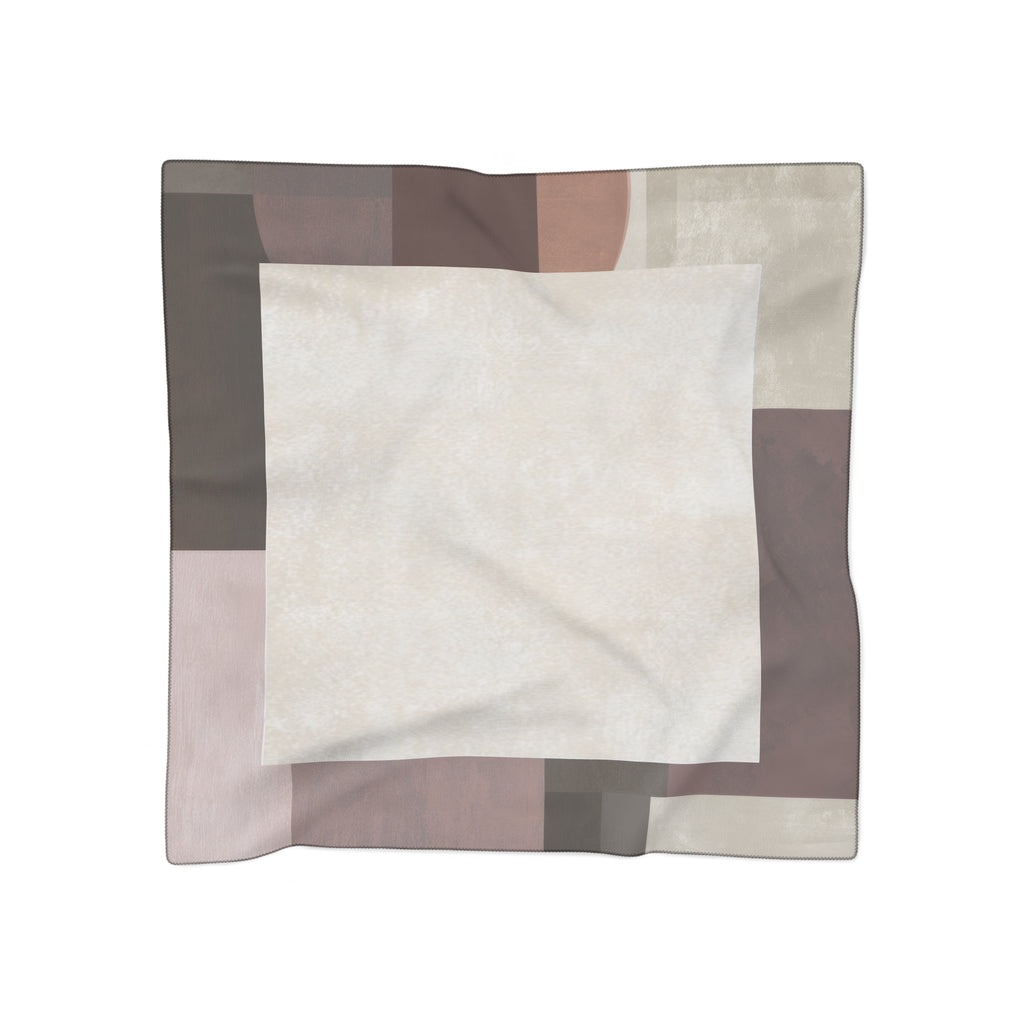 A square scarf with a modern geometric patchwork design in muted tones of beige, taupe, brown, and dusty pink, featuring a large textured cream center square.