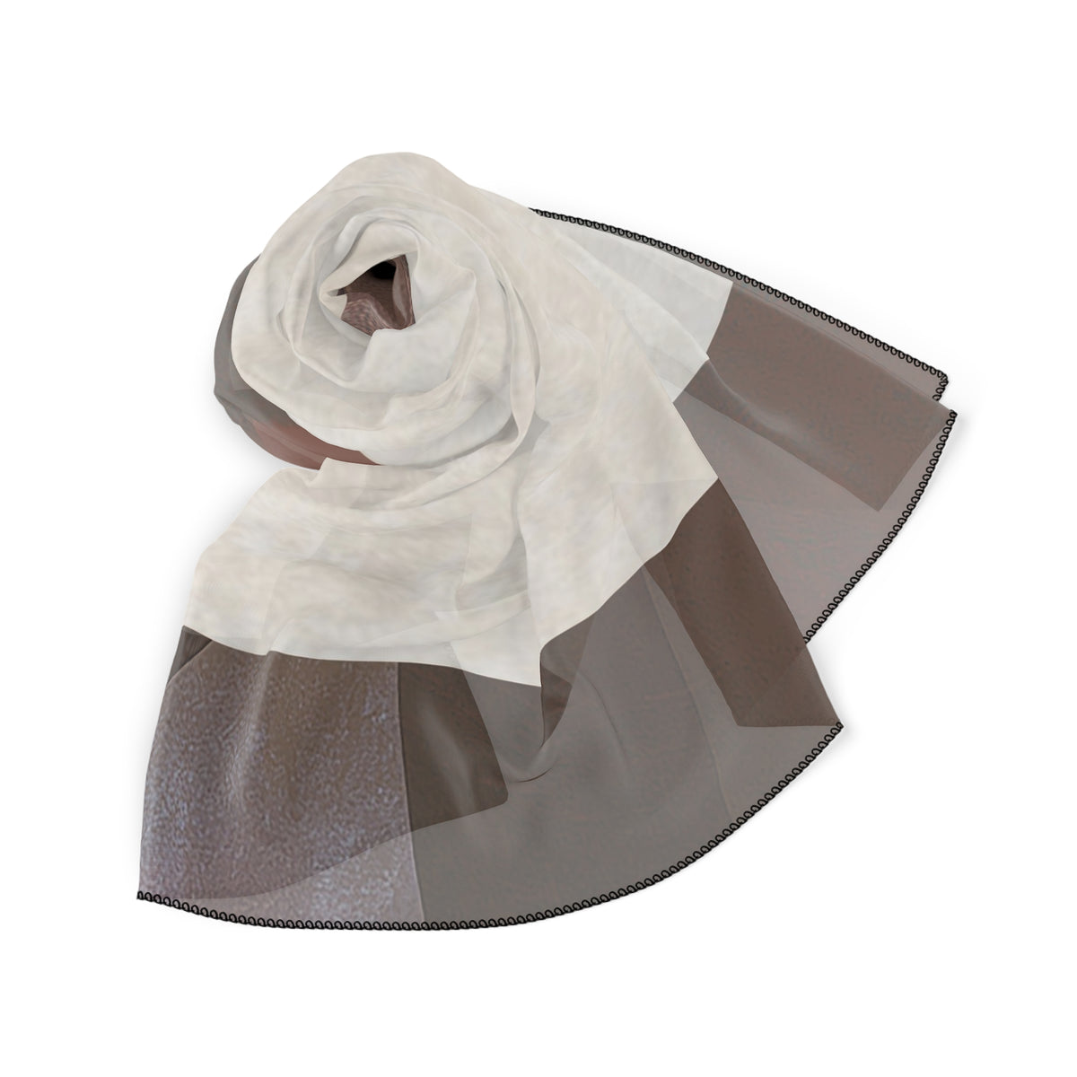 A lightweight scarf in a patchwork design of off-white and taupe brown, folded and displayed on a clean white background.