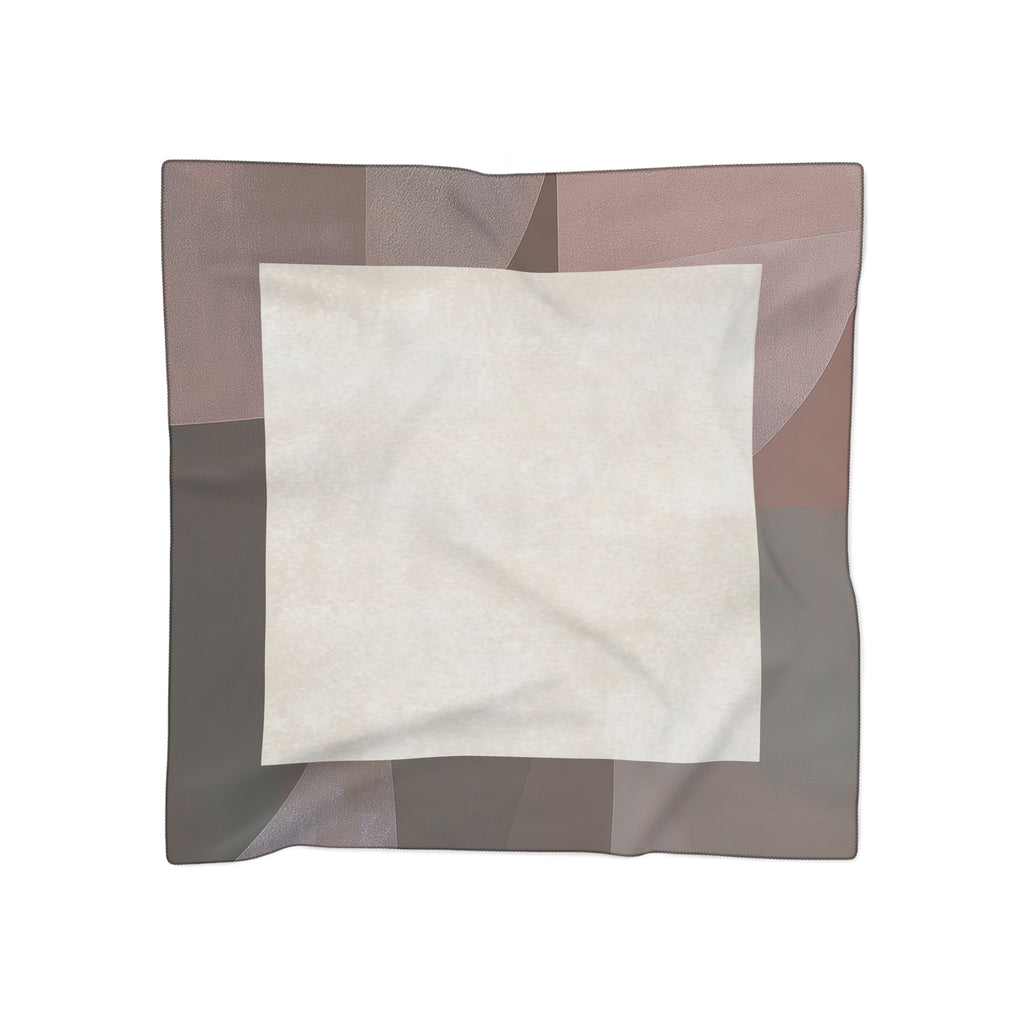 A square scarf with a modern geometric pattern, featuring a large cream-colored center square surrounded by taupe, dusty rose, and dark gray blocks, shown flat against a white background.