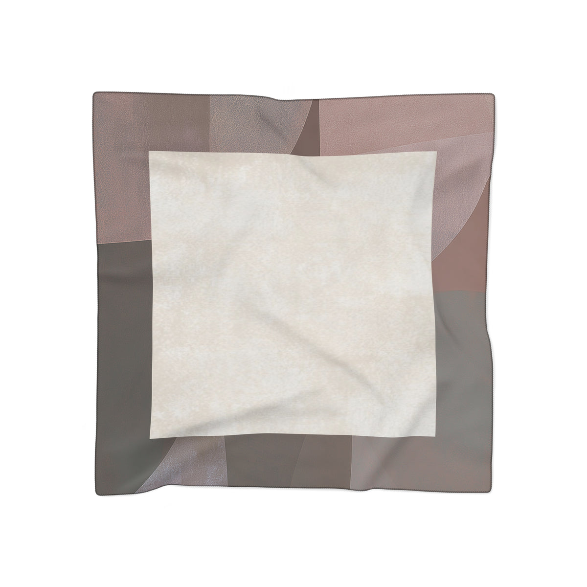 A square scarf with a modern geometric pattern, featuring a large cream-colored center square surrounded by taupe, dusty rose, and dark gray blocks, shown flat against a white background.