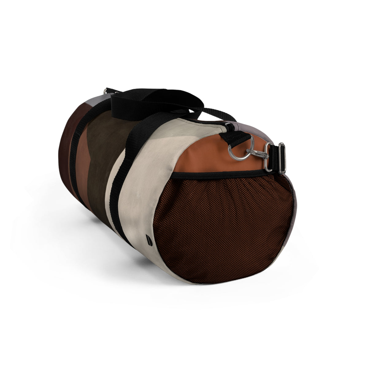 A cylindrical duffle bag with a color-blocked design in brown, beige, and black, featuring black handles and a black mesh side pocket, shown on a white background.