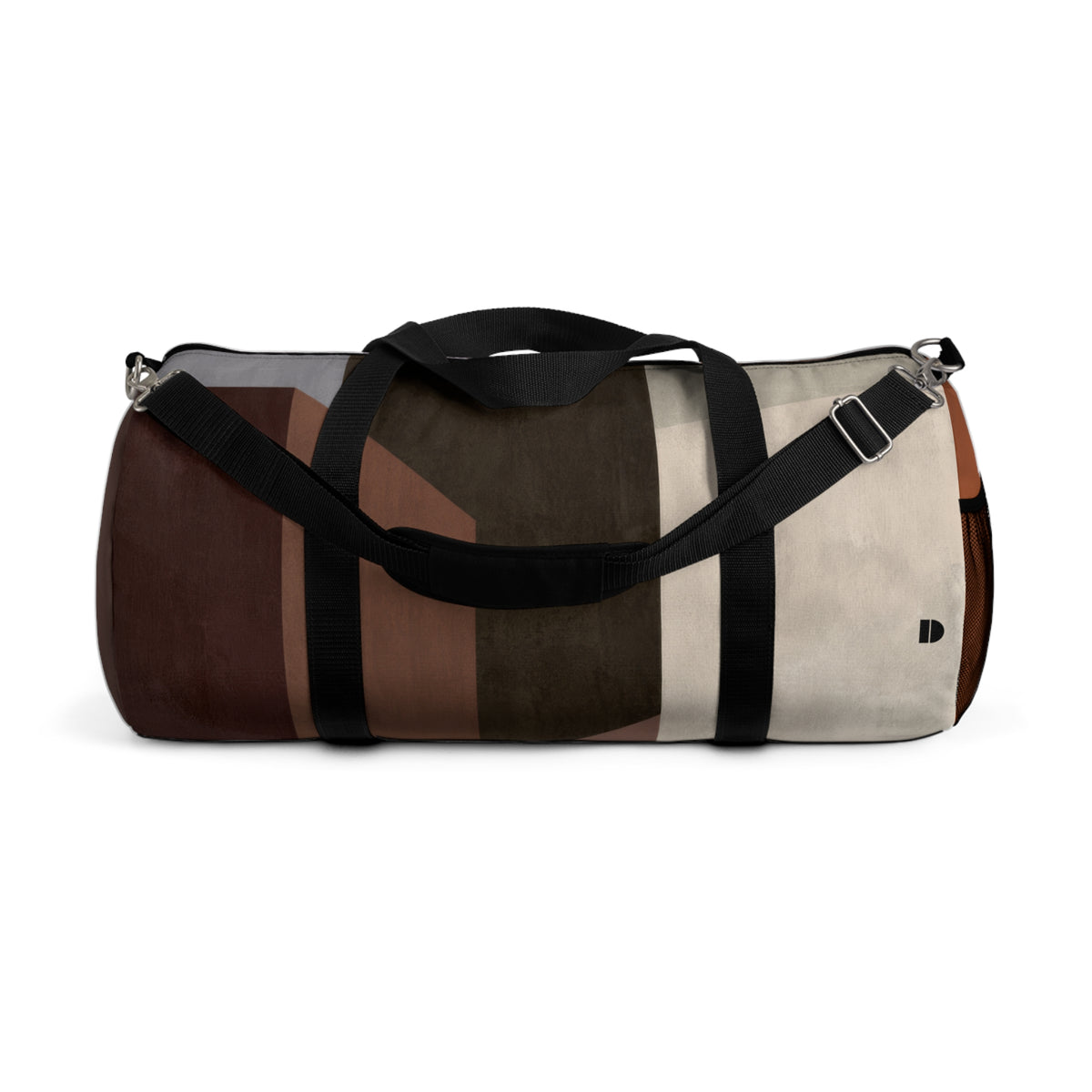 A cylindrical duffle bag with a geometric color-blocked pattern in shades of brown, beige, and gray, featuring black webbing handles and a shoulder strap with silver metal hardware, shown against a plain white background.