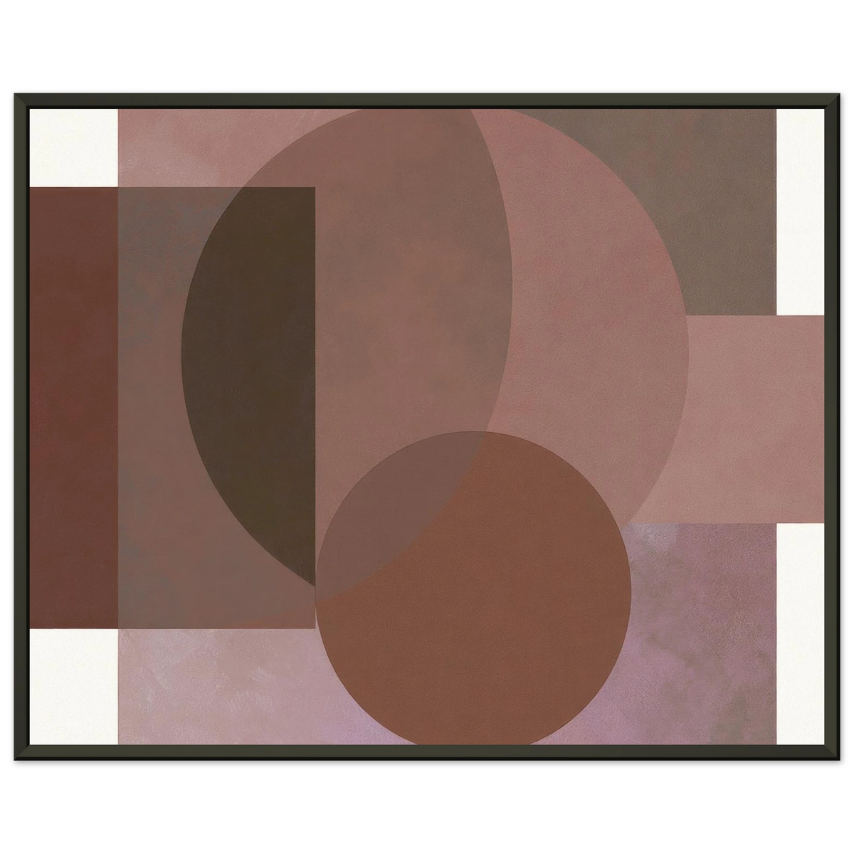 Abstract geometric painting in a black metal frame featuring a large overlapping circular segment on the left, layered with dark chocolate brown and muted terracotta blocks, with deep espresso brown textures on the right. Art print titled 'Study in Brown I', available in size 16x20.