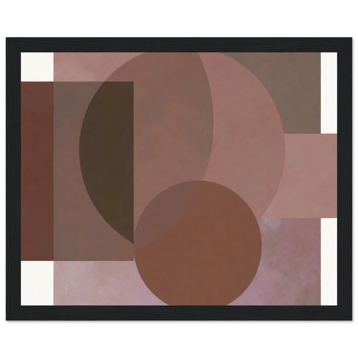 Abstract geometric painting in a black wooden frame featuring a large overlapping circular segment on the left, layered with dark chocolate brown and muted terracotta blocks, with deep espresso brown textures on the right. Art print titled 'Study in Brown I', available in sizes 8x10 and 16x20.
