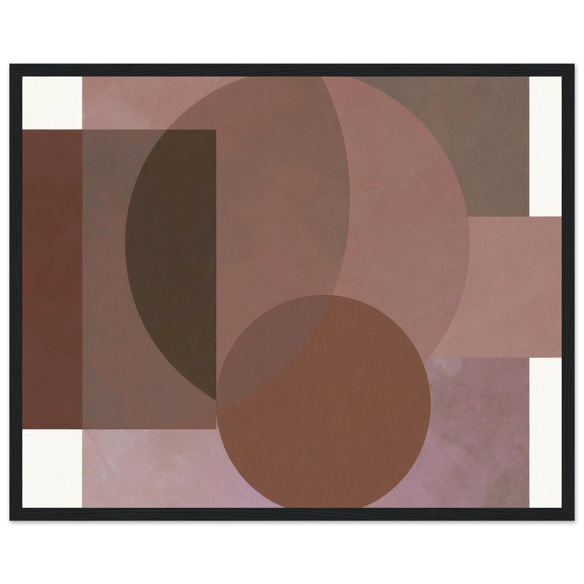 Abstract geometric painting in a black wooden frame featuring a large overlapping circular segment on the left, layered with dark chocolate brown and muted terracotta blocks, with deep espresso brown textures on the right. Art print titled 'Study in Brown I', available in sizes 8x10 and 16x20.