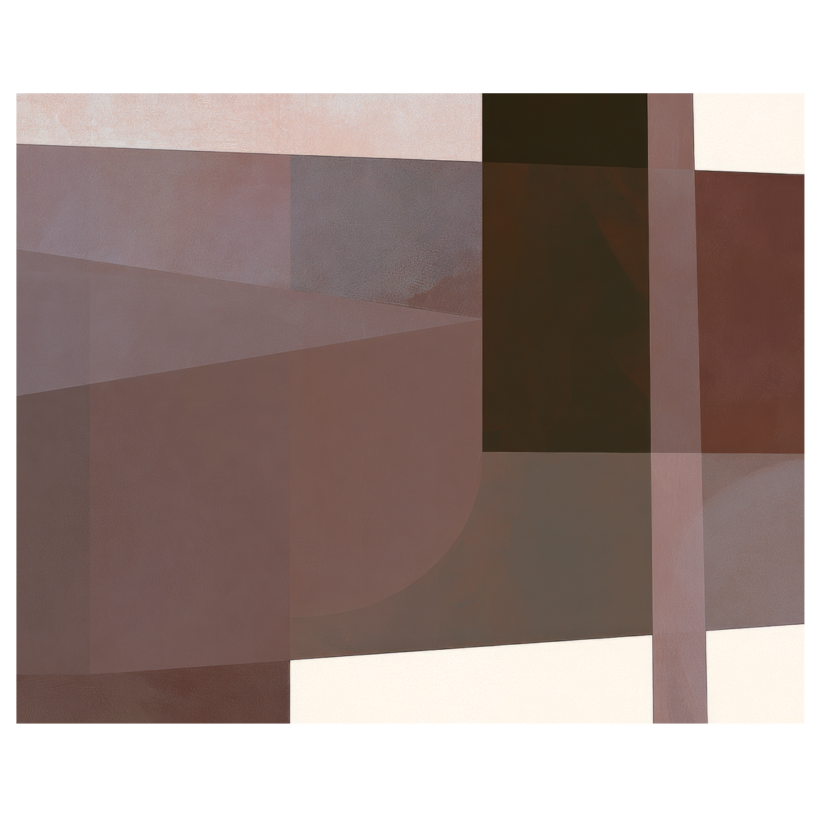 Abstract geometric painting composed of intersecting horizontal and vertical bands in shades of warm taupe, charcoal brown, and deep auburn, accented by a stark vertical dark block on the right. Art print titled 'Study in Brown II', available in sizes 8x10 and 16x20.