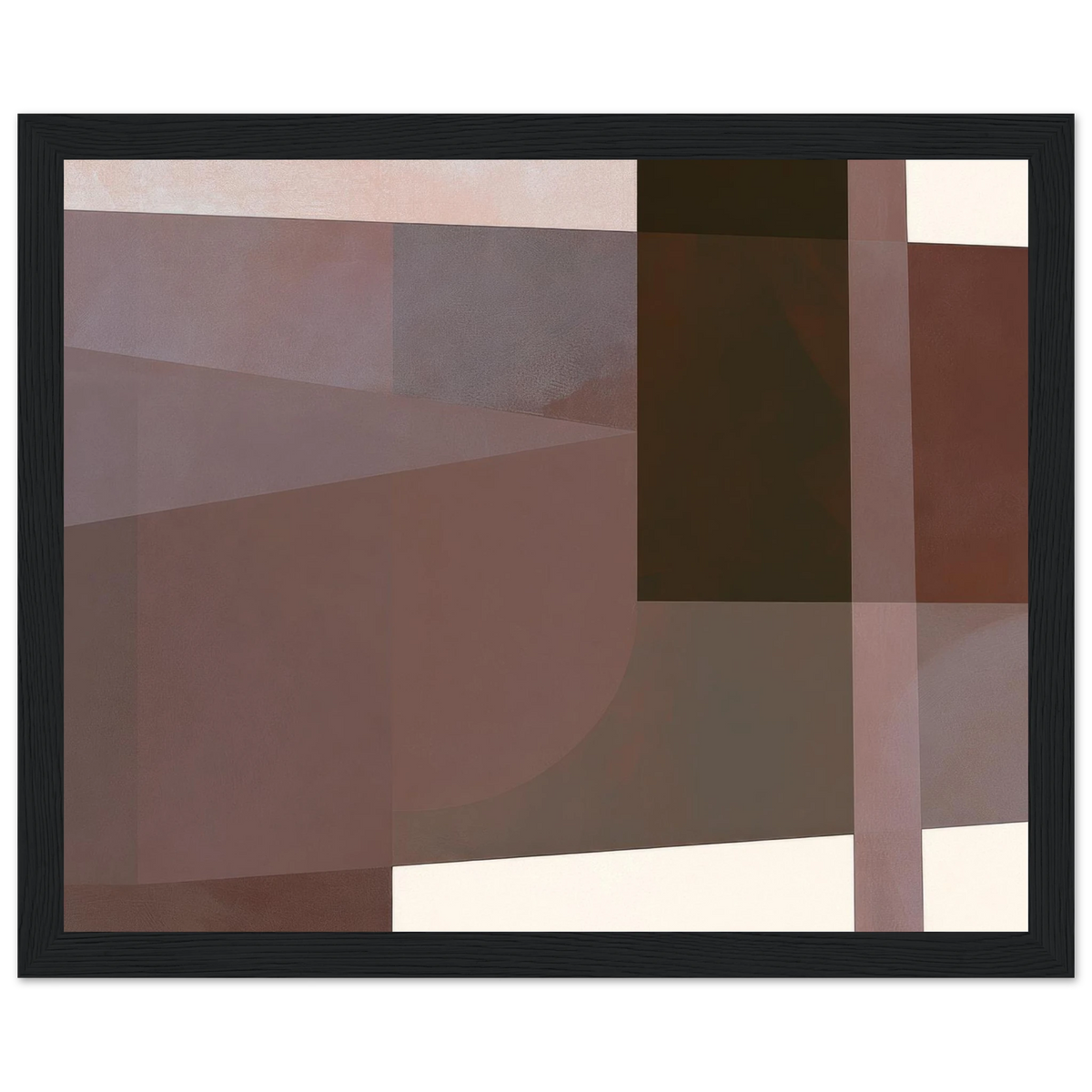 Abstract geometric painting in a black wooden frame composed of intersecting horizontal and vertical bands in shades of warm taupe, charcoal brown, and deep auburn, accented by a stark vertical dark block on the right. Art print titled 'Study in Brown II', available in sizes 8x10 and 16x20.