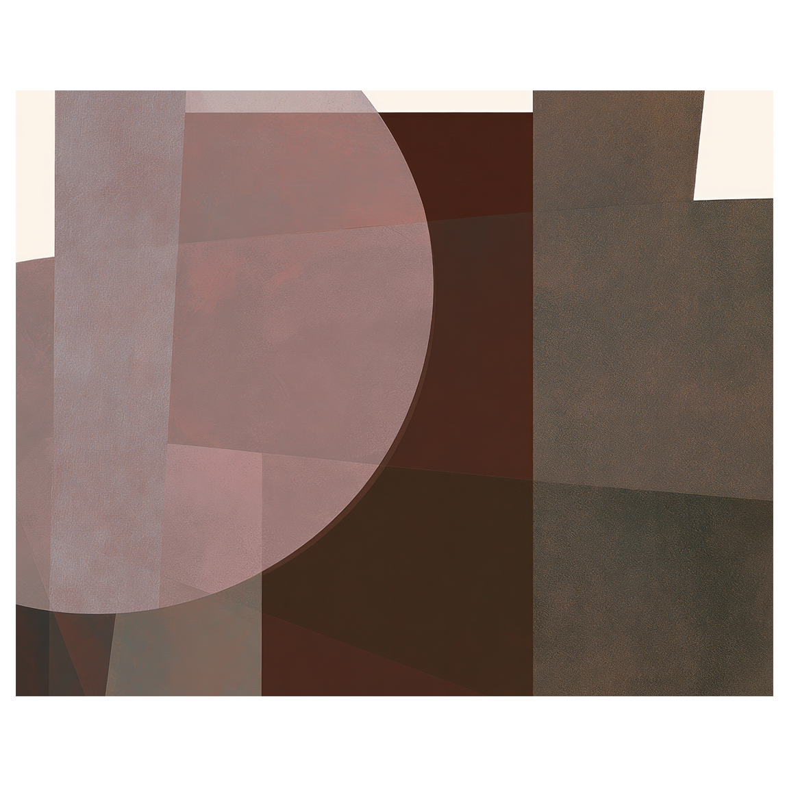 Abstract geometric painting showcasing multiple overlapping transparent circles and semi-circles in dusty rose, muted chestnut, and deep mahogany layered over a square block layout. Art print titled 'Study in Brown III', available in sizes 8x10 and 16x20.