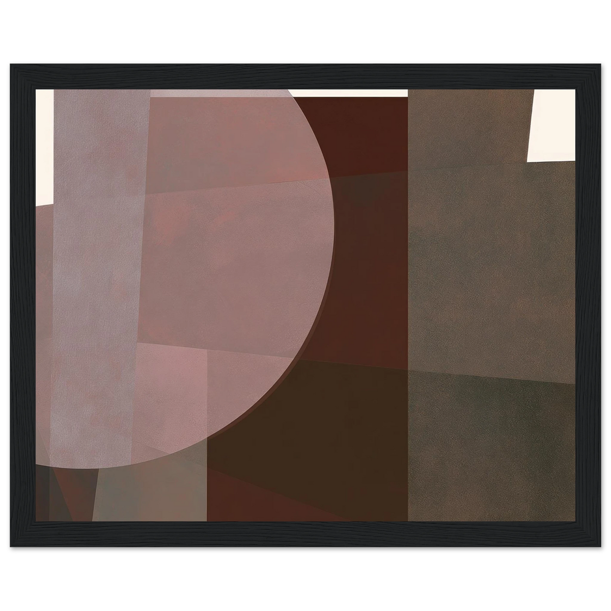 Abstract geometric painting in a black wooden frame showcasing multiple overlapping transparent circles and semi-circles in dusty rose, muted chestnut, and deep mahogany layered over a square block layout. Art print titled 'Study in Brown III', available in sizes 8x10 and 16x20.