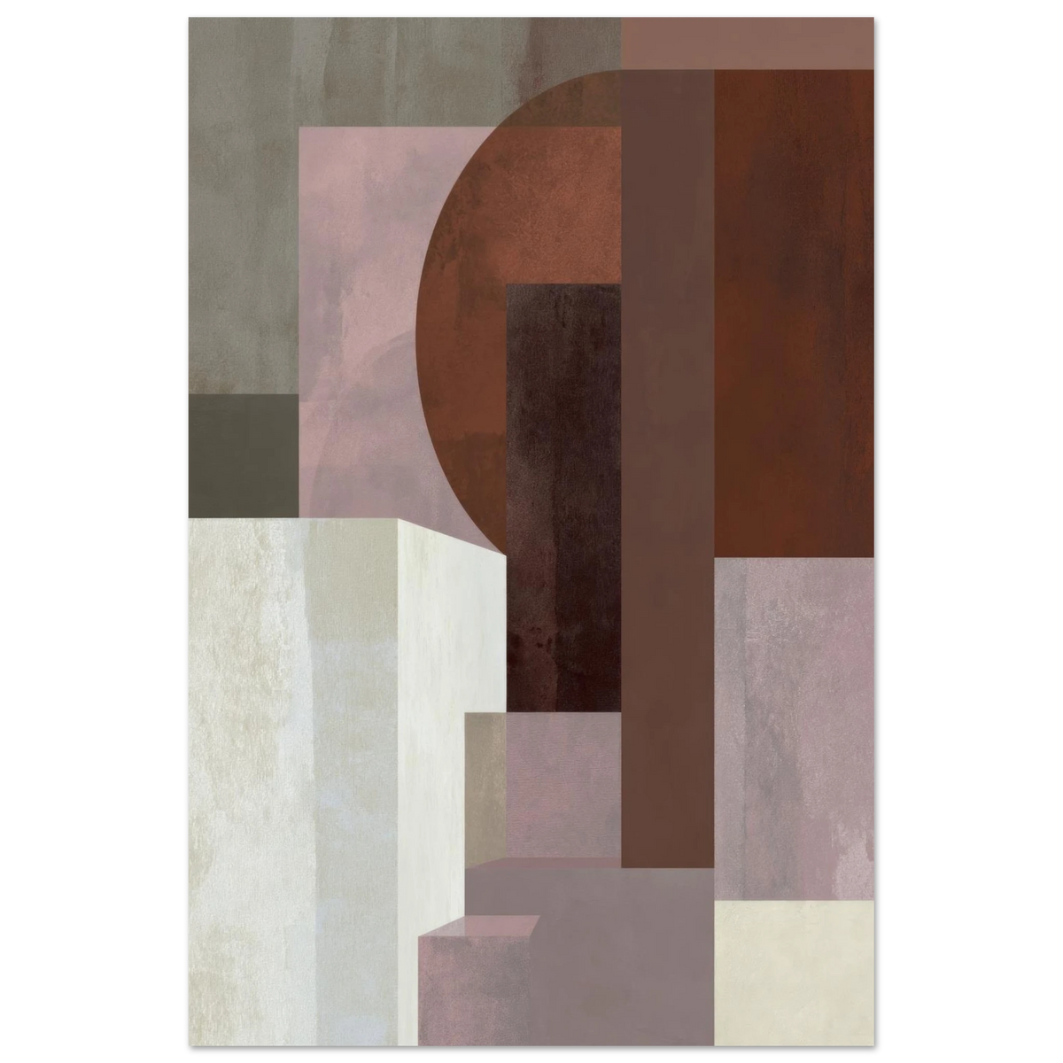 Abstract geometric painting showcasing multiple overlapping rectangles, columns, and a large semi-circle in muted lavender, dusty rose, and dark mahogany layered over a stone block layout. Art print titled 'Study in Brown IV', available in vertical sizes 8x12, 12x18, 16x24, and 24x36.