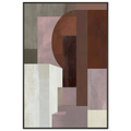Abstract geometric painting in a black metal frame showcasing multiple overlapping rectangles, columns, and a large semi-circle in muted lavender, dusty rose, and dark mahogany layered over a stone block layout. Art print titled 'Study in Brown IV', available in vertical sizes 8x12, 12x18, 16x24, and 24x36.