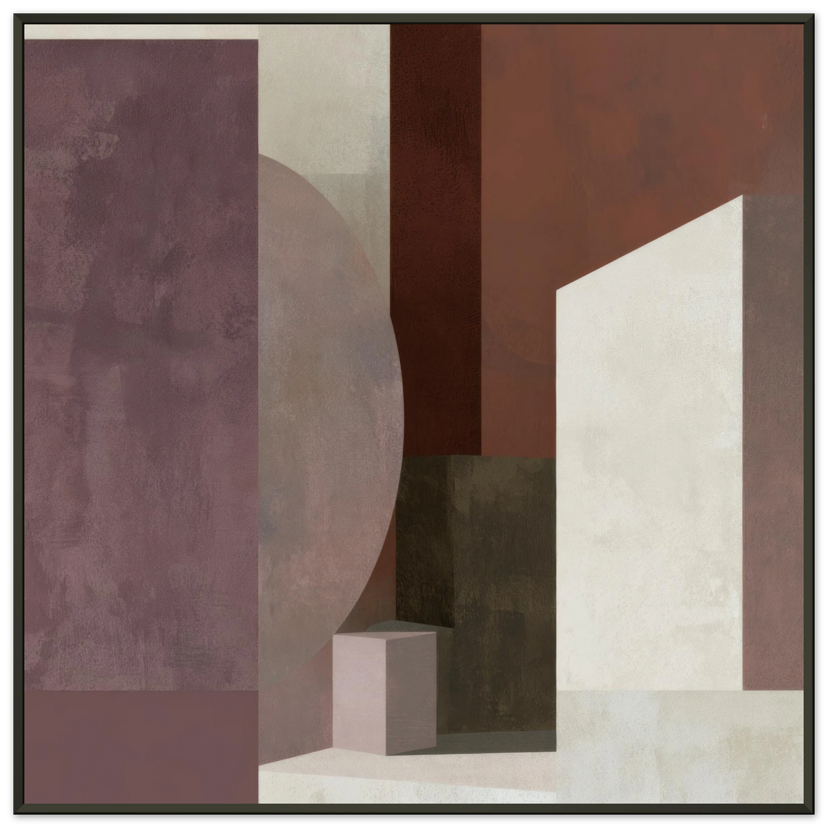 Abstract geometric painting in a black metal frame showcasing 3D architectural columns, an angled white pillar, and a large muted mauve disc layered over a deep chestnut background. Art print titled 'Study in Brown IX', available in square sizes 12x12, 20x20, and 28x28.