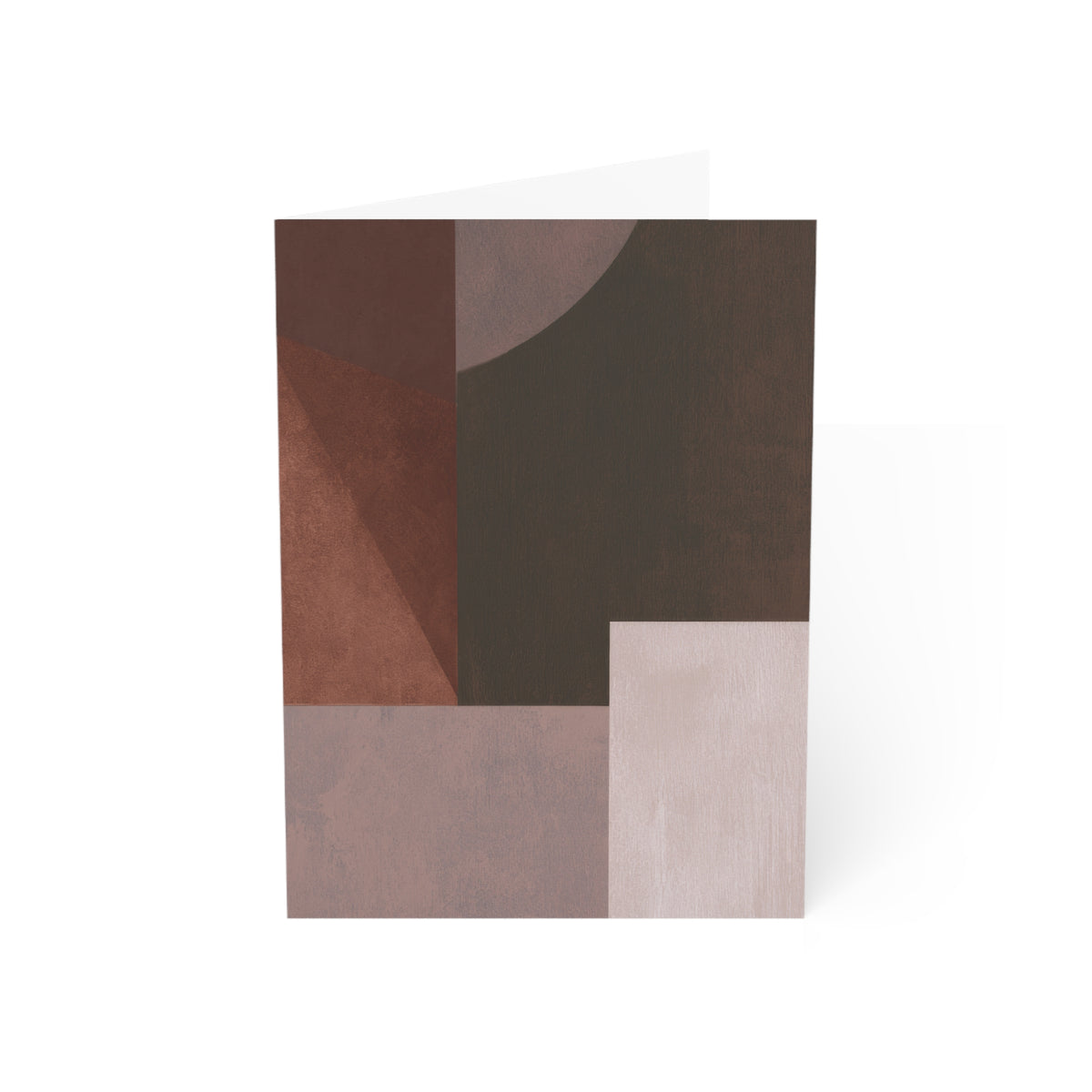 A folded greeting card with an abstract geometric design in earthy tones of brown, terracotta, charcoal, and dusty rose, displayed on a clean white background.