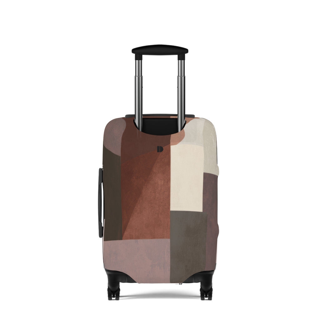 A hard-shell rolling suitcase with an abstract geometric patchwork pattern luggage cover in earthy tones of brown, beige, and gray, featuring an extended black telescoping handle and four wheels, shown against a plain white background.