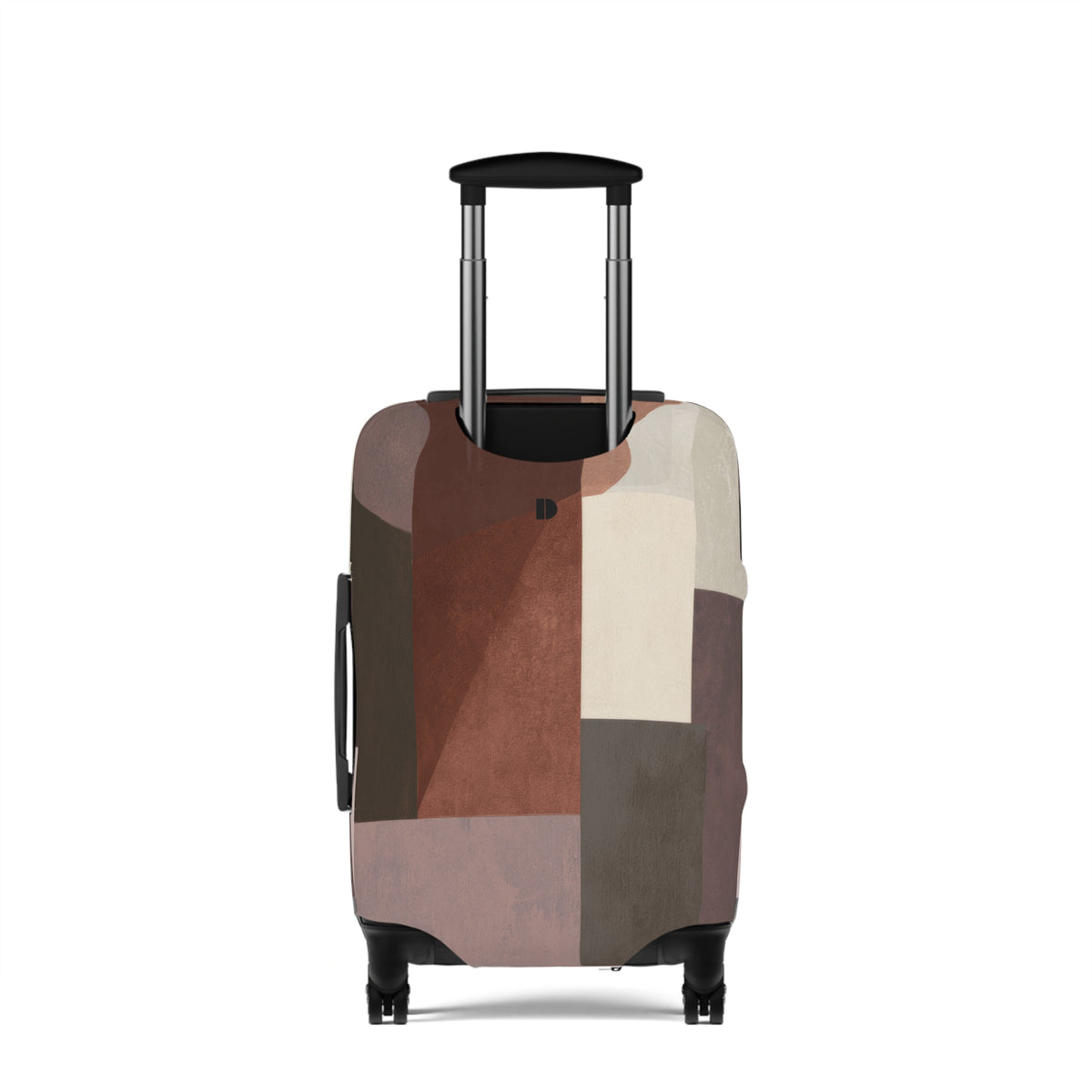 A hard-shell rolling suitcase with an abstract geometric patchwork pattern luggage cover in earthy tones of brown, beige, and gray, featuring an extended black telescoping handle and four wheels, shown against a plain white background.