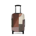A hard-shell rolling suitcase with an abstract geometric patchwork pattern luggage cover in earthy tones of brown, beige, and gray, featuring an extended black telescoping handle and four wheels, shown against a plain white background.