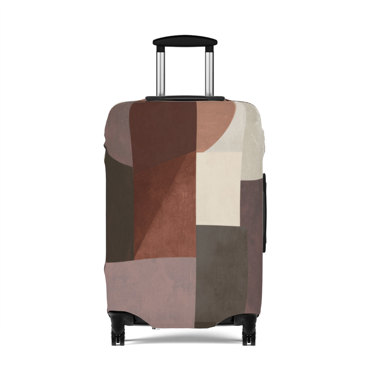 A hard-shell rolling suitcase with an abstract geometric patchwork pattern luggage cover in earthy tones of brown, beige, and gray, featuring an extended black telescoping handle and four wheels, shown against a plain white background.