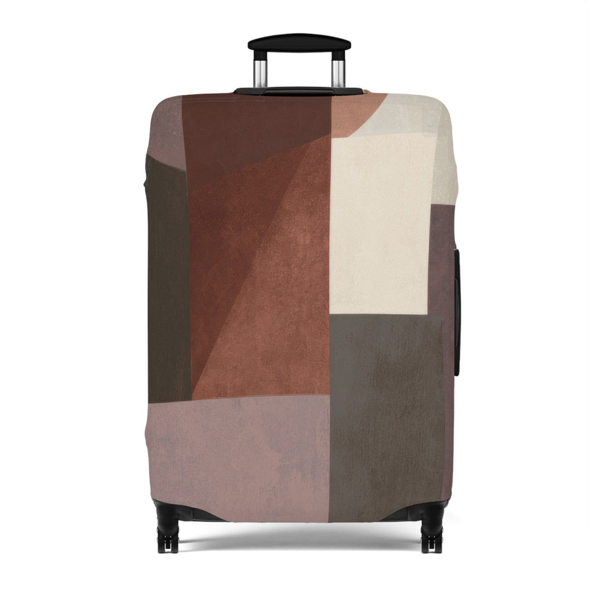 A hard-shell rolling suitcase with an abstract geometric patchwork pattern luggage cover in earthy tones of brown, beige, and gray, featuring an extended black telescoping handle and four wheels, shown against a plain white background.