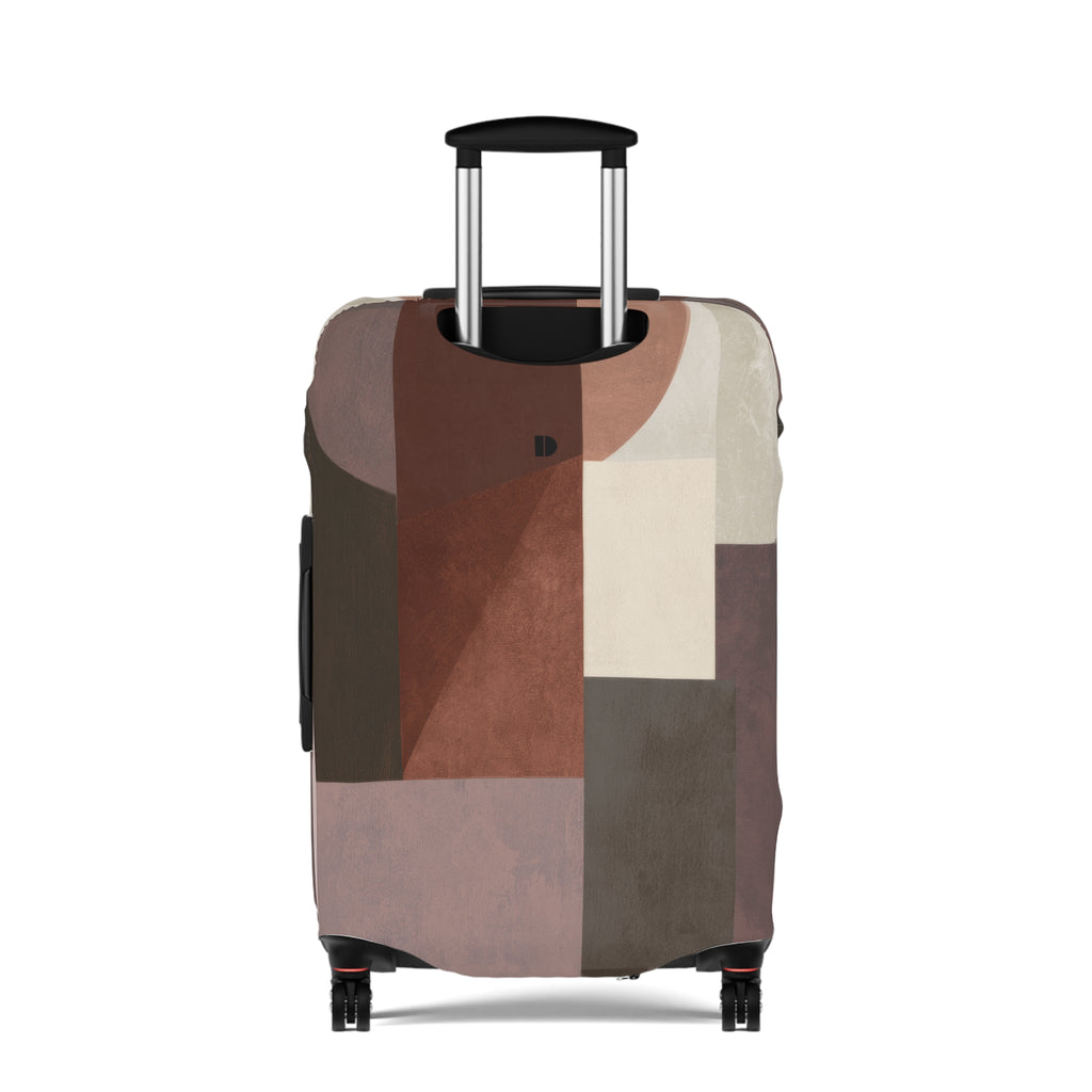 A hard-shell rolling suitcase with an abstract geometric patchwork pattern luggage cover in earthy tones of brown, beige, and gray, featuring an extended black telescoping handle and four wheels, shown against a plain white background.