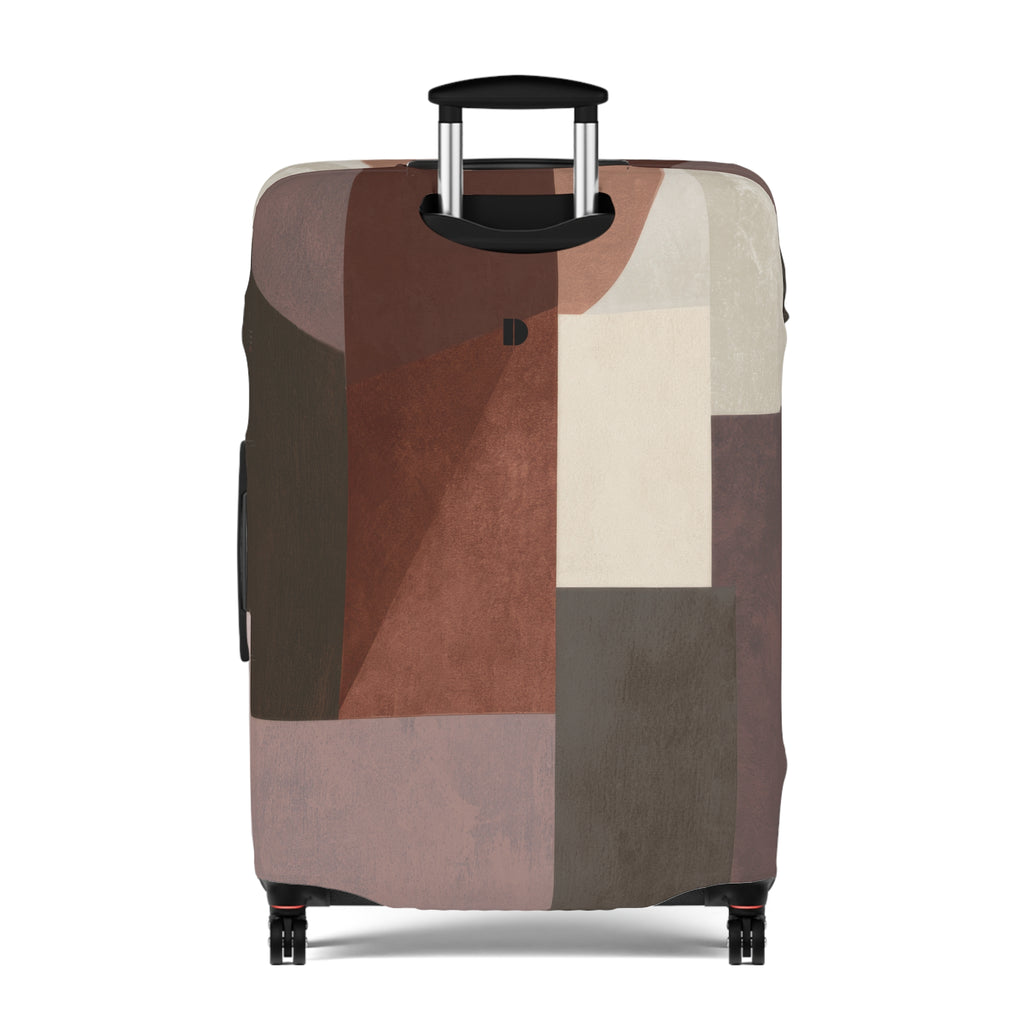 A hard-shell rolling suitcase with an abstract geometric patchwork pattern luggage cover in earthy tones of brown, beige, and gray, featuring an extended black telescoping handle and four wheels, shown against a plain white background.
