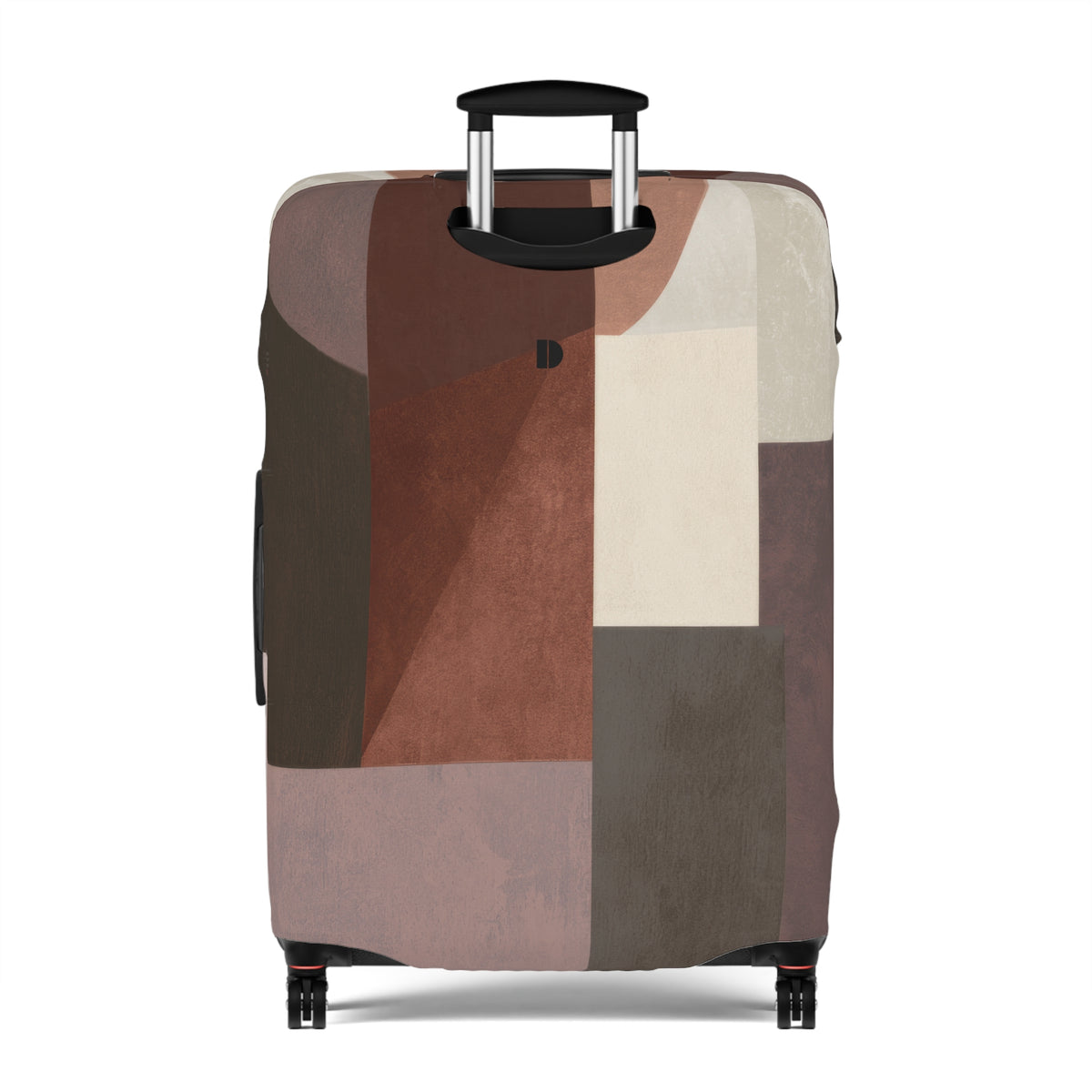A hard-shell rolling suitcase with an abstract geometric patchwork pattern luggage cover in earthy tones of brown, beige, and gray, featuring an extended black telescoping handle and four wheels, shown against a plain white background.