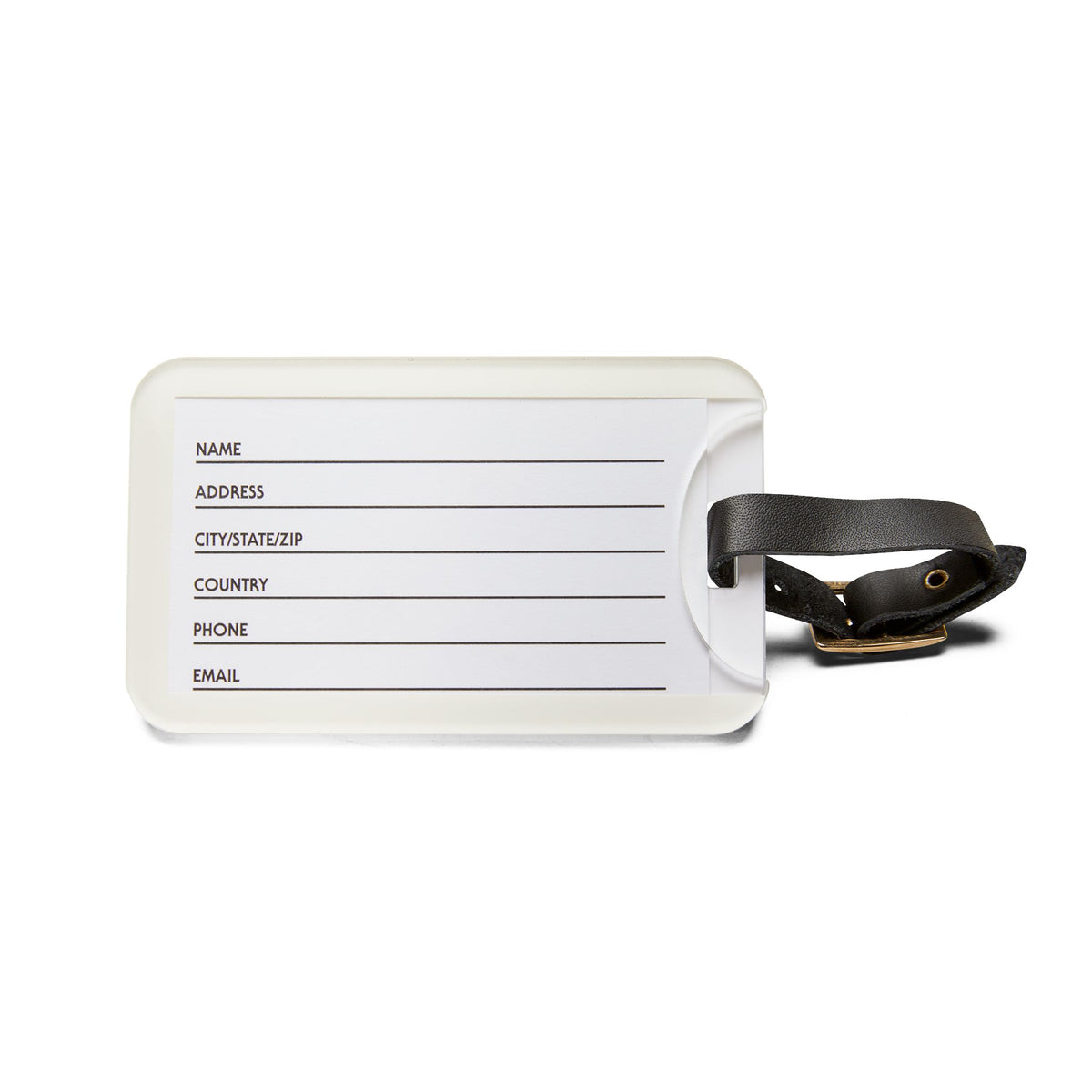 White reverse side of luggage tag with black strap on a white background. There are lines for the owner's name and address.