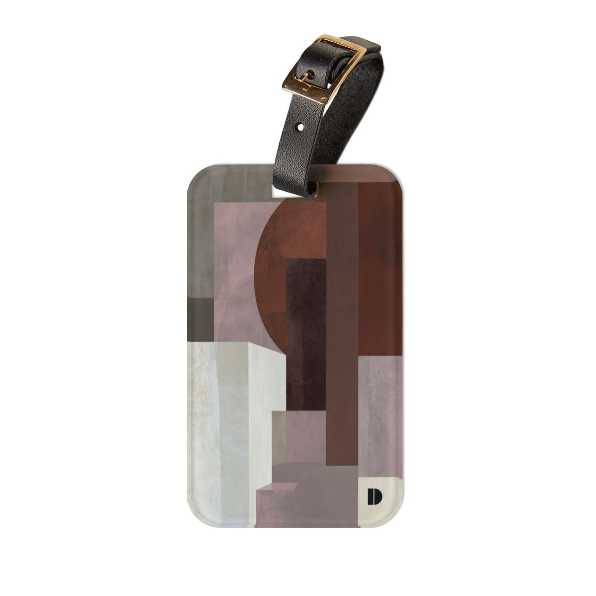 A rectangular luggage tag with rounded corners featuring an abstract geometric pattern in shades of brown, beige, and gray. It is equipped with a black leather strap and a gold-tone metal buckle, shown against a plain white background.