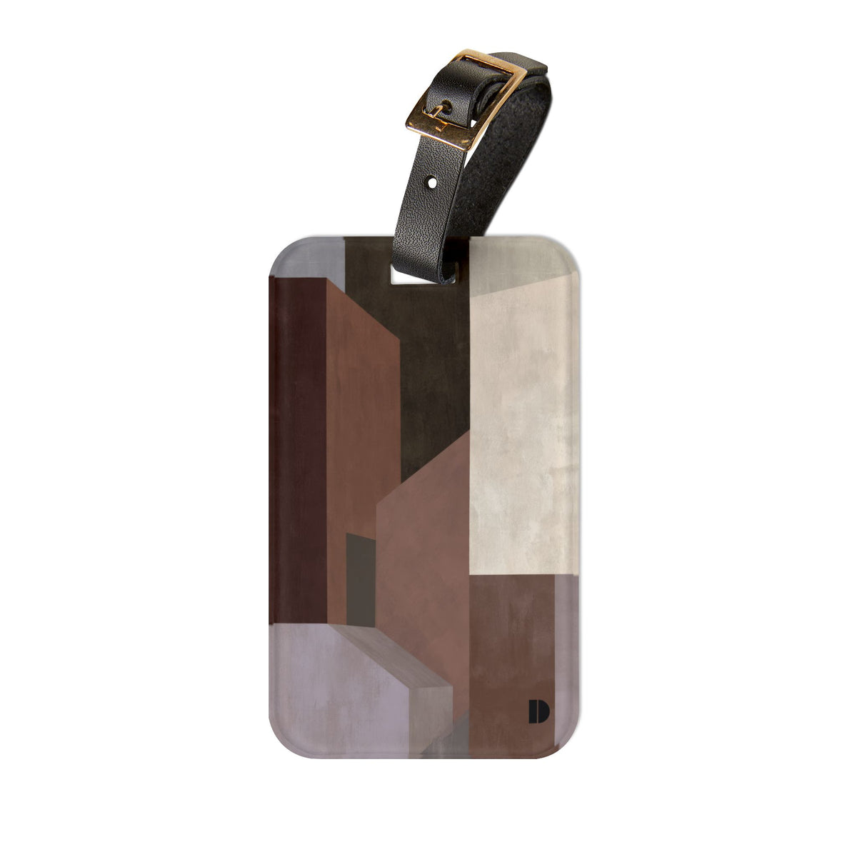 A rectangular luggage tag with rounded corners featuring an abstract geometric pattern in shades of brown, beige, and gray. It is equipped with a black leather strap and a gold-tone metal buckle, shown against a plain white background.