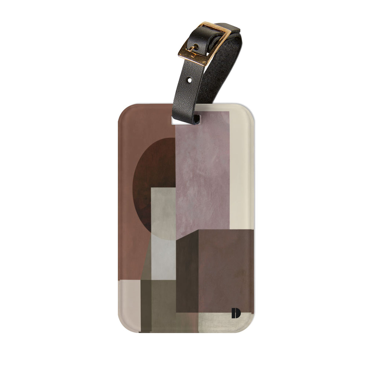 A rectangular luggage tag with rounded corners featuring an abstract geometric pattern in earthy tones of brown, beige, and mauve. It has a black leather strap with a gold-tone metal buckle at the top, shown against a plain white background.