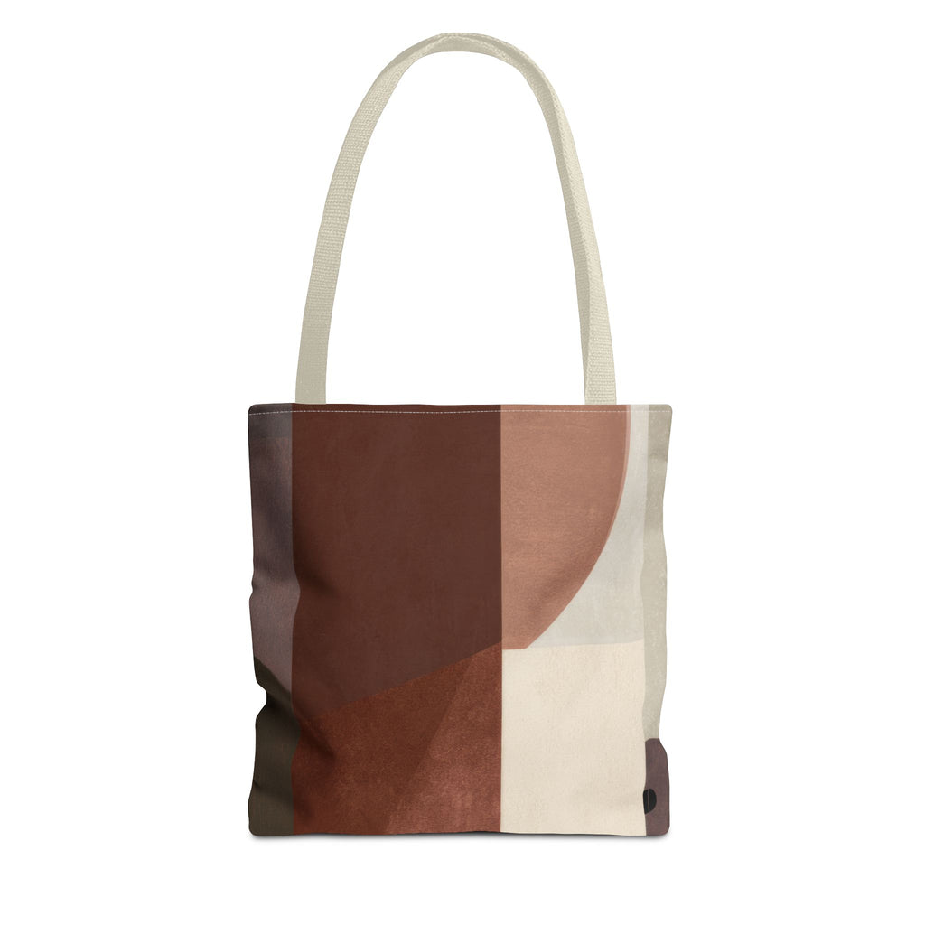 A canvas tote bag with a modern abstract geometric pattern in shades of brown, beige, and cream, featuring dual cream-colored shoulder straps, shown against a plain white background.