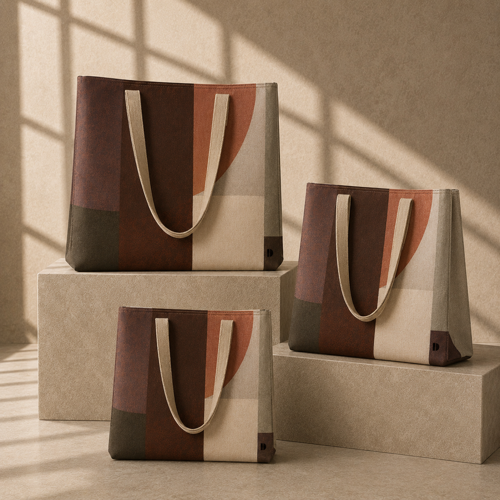 Three tote bags in matching abstract patchwork panels of brown, rust, cream, and dark gray, arranged on beige pedestals with warm window-shadow lighting.
