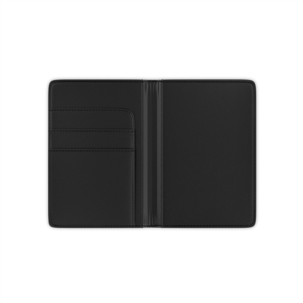 Black faux  leather interior of a passport holder on a white background