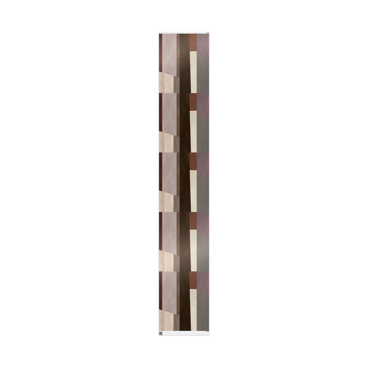 A tall, narrow roll of wrapping paper with an abstract geometric pattern of brown, beige, and white blocks, shown against a plain white background.