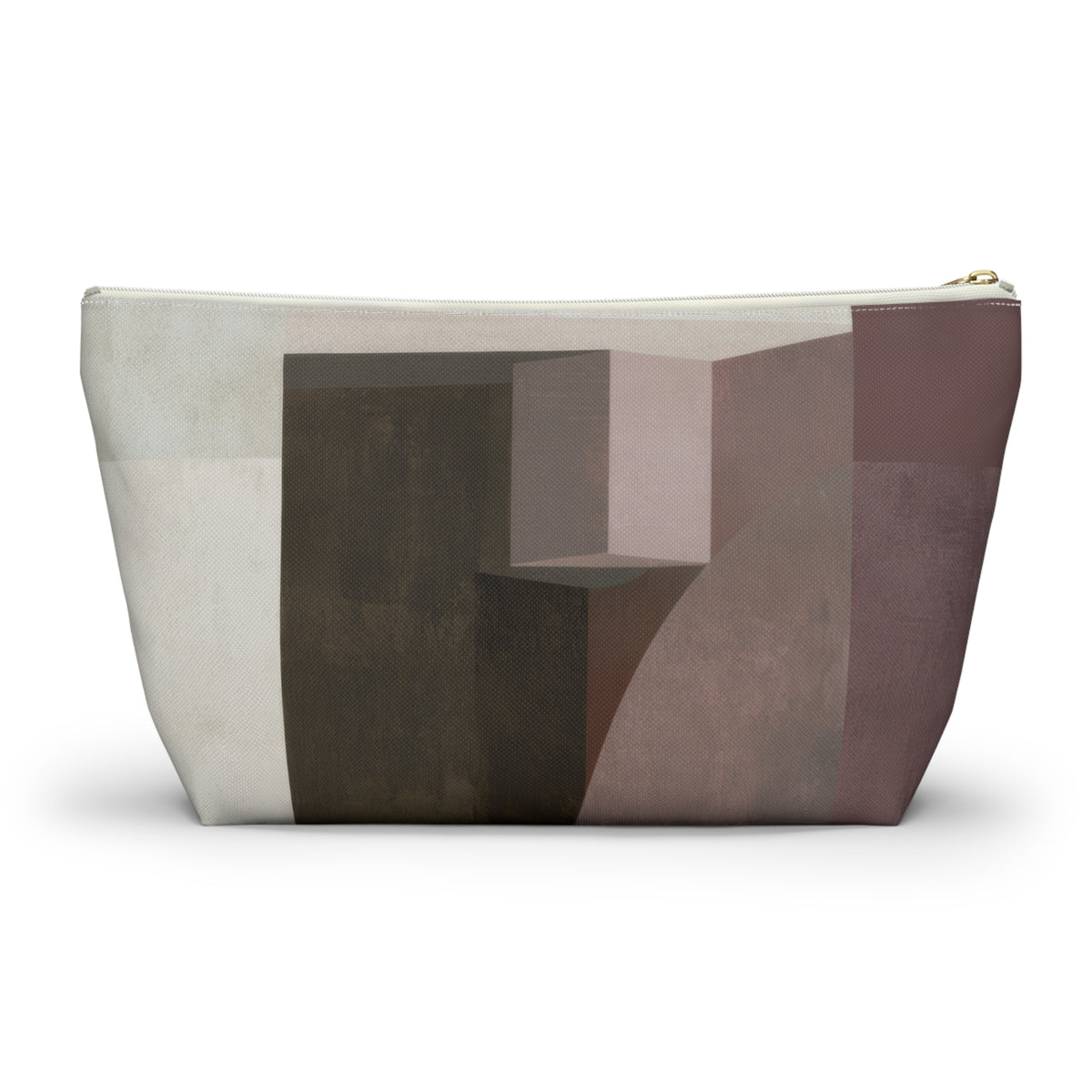 A zippered cosmetic pouch featuring an abstract geometric block pattern in muted tones of taupe, brown, and dusty rose, with a gold zipper pull, shown on a plain white background.
